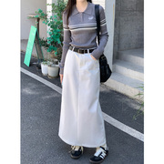 自制日系工装风文艺白裙半身裙女秋季美式垂感高腰显瘦气质包臀裙