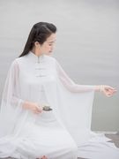 2023春夏女装中式中国风立领旗袍披风白色禅意连衣裙茶服禅服