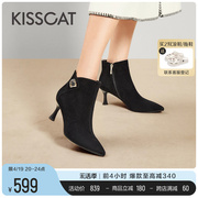 kisscat接吻猫2023年冬季加绒高跟，短靴时尚尖头，羊绒时装靴女
