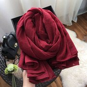 红色围巾女春秋冬季保暖棉麻披肩两用百搭纯色长款大尺寸文艺丝巾