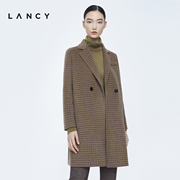 lancy朗姿秋冬季宽松气质羊毛，大衣中长款羊绒，复古格纹外套女