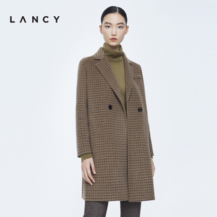 lancy朗姿秋冬季宽松气质羊毛，大衣中长款羊绒复古格纹外套女