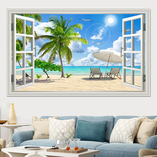 假窗户海报房间墙纸壁画墙壁海报现代墙贴宿舍装饰风景海滩卧室