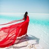 雪纺皱露背拖尾灯笼袖，夏季度假旅拍v领大红色大裙摆长裙沙滩
