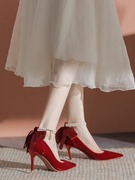 超美秋季珍珠一字扣红色高跟鞋婚鞋蝴蝶结主婚纱新娘秀禾两穿细跟
