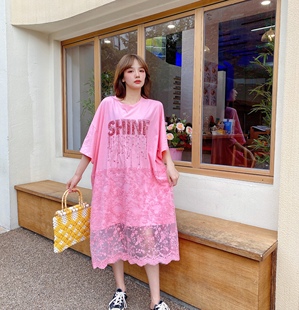 JL SUNFLOWER夏季装蕾丝拼接连衣裙中长款韩版宽松亮片字母T恤女