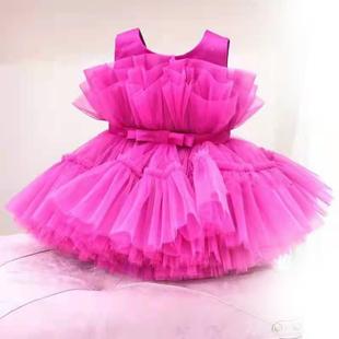 欧美风儿童礼服粉红色无袖绑带，蓬蓬公主裙中小童小众主持人演出服