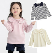 日系女童春秋季纯棉娃娃，领t恤女宝纯色，条纹长袖上衣儿童打底衫