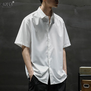 短袖衬衫男夏季冰丝，薄款宽松加大码痞帅白色，衬衣男生半袖领证寸衫