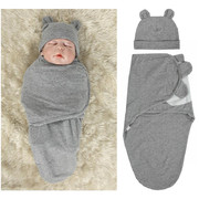 新生儿防惊跳包裹巾 婴儿裹毯 全棉婴儿胎帽+睡袋套装0-3月兔耳帽