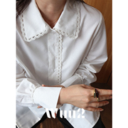 wuu2法式钩花蕾丝花边娃娃，领白衬衫女学院风设计感宽松上衣