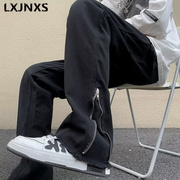 LXJNXS潮牌高街美式柳丁牛仔裤直筒拖地磨边微喇叭长裤显瘦裤子男