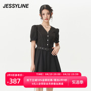 jessyline夏季女装杰茜，莱黑色v领收腰连衣裙325111368