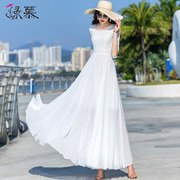 白色雪纺连衣裙女2021夏季时尚，蕾丝拼接长款修身显瘦大摆长裙