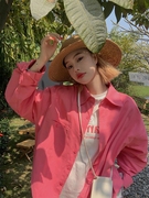 玫粉色设计感小众衬衫，女2023年早春韩版宽松开叉，衬衣别致上衣