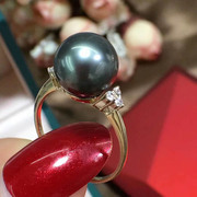 大溪地海水黑珍珠戒指指环，10-11正圆黑色，真珍珠强光女