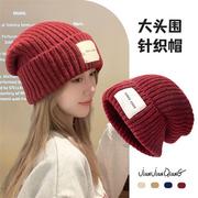 大头围红色毛线帽子女冬保暖护耳冷帽耶诞堆堆帽显脸小粗线针织帽