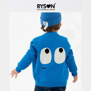 RYSON童装秋冬学院上衣芝麻针双线后背眼睛提花梦幻蓝针织V领开衫