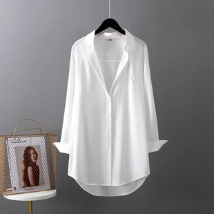 白中长款雪纺衬衫，女2024年春夏秋季性感衬衣，打底宽松长袖上衣