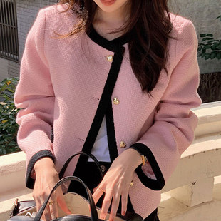 韩国chic秋冬法式甜美圆领，别致爱心纽扣，拼色小香风粗花呢短外套女