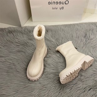 香港白色真皮粗跟马丁靴女2022年冬季加绒棉鞋雪地靴加厚短靴