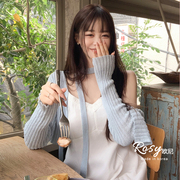 Rose欧尼 韩国时尚V领领带纯色显瘦修身开衫