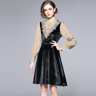 法式小众设计感名媛气质连衣裙女长袖花边立领蕾丝拼接丝绒小黑裙