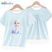 迪士尼艾莎公主女童纯棉后背蝴蝶结蕾丝花边短袖儿童冰雪奇缘T恤