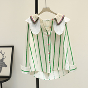 绿色竖条纹拼接双层花边娃娃领衬衫女夏季洋气减龄宽松防晒衫