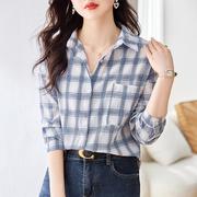 棉布格子衬衫女春夏秋季2023韩版衬衣时尚，洋气长袖叠穿上衣薄