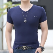 青年夏季修身薄款莫代尔冰丝打底衫韩版运动休闲印花V领短袖T恤男