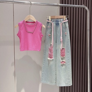 粉色牛仔裤女童背心套装2023女大童韩范洋气，无袖上衣潮酷童装