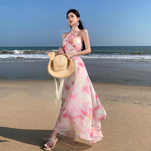 三亚海边度假沙滩裙粉色晕染印花挂脖连衣裙波西米亚性感露背长裙