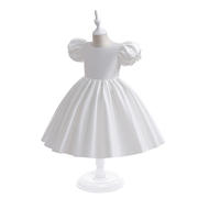 跨境欧美婴幼儿礼服 儿童纯色泡泡袖缎布宝宝周岁礼服公主裙