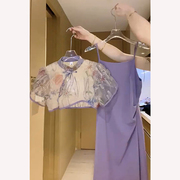新中式复古改良旗袍连衣裙，女夏季年轻款，少女气质名媛风紫色吊带裙