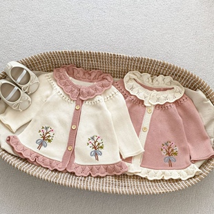 韩版女童毛衣外套宝宝，公主纯棉绣花开衫，婴幼儿花边领棉纱线针织衫