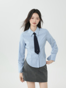 蓝色条纹polo领长袖衬衫女春秋，设计感小众，修身收腰衬衣学院风上衣