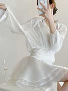 仙女连衣裙春夏白色性感荷叶边短款修身收腰法式气质衬衫裙女