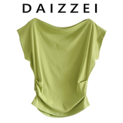 DAIZZEI~绿色显白短袖T恤女2022夏腰间压褶一字领飞飞袖上衣