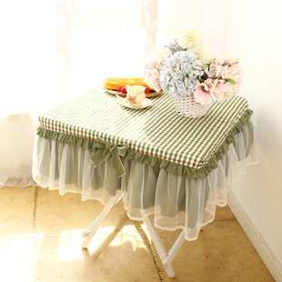 芥末绿格子蕾丝田园布艺纯棉，方桌布(方桌布，)餐桌布台布床头柜罩茶几罩柜罩