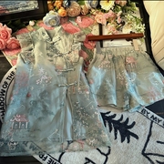 女童新中式国风旗袍，套装盘扣上衣时尚，短裤两件套重工汉服裙子