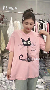 W3665大橘子春季特殊工艺刺绣小猫短袖T恤