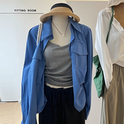 蓝色衬衫女设计感韩版宽松休闲双口袋黑色衬衣，外套高级感长袖上衣