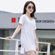 韩版短袖t恤女中长款圆领纯色百搭修身舒适棉质打底衫2123