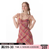 ziziFei夏季美式复古格纹收腰修身显瘦吊带红色格子连衣裙女