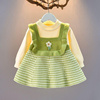 连衣裙女童圆领毛衣背带裙，秋装针织衫格子，假两件宝宝长袖短裙