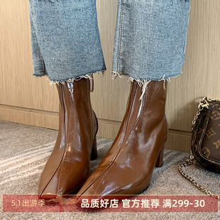 kmeizu法式复古短靴女秋冬真皮方头，粗跟拼接设计感中跟及踝裸单靴