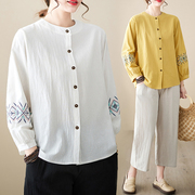 中式国风中老年妈妈春装纯棉衬衫，套装民族风，棉麻亚麻洋气长袖
