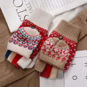 保暖手套女冬季露指翻盖工作电脑打字羊毛，加绒学生写字半指手套冬