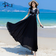 夏季黑色雪纺连衣裙女长款到脚踝海边沙滩，超长气质显瘦拼接大摆裙